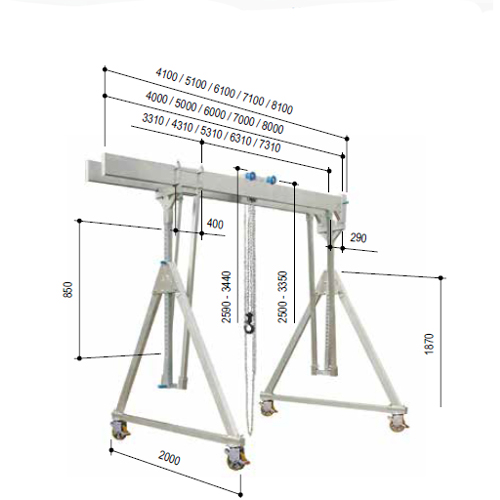 Aluminium gantry crane, relocating with suspended load, capacity 1000 and 1500 kg