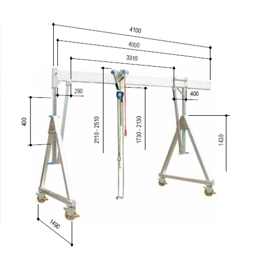 Aluminium gantry crane, relocating with suspended load, capacity 1000 and 1500 kg