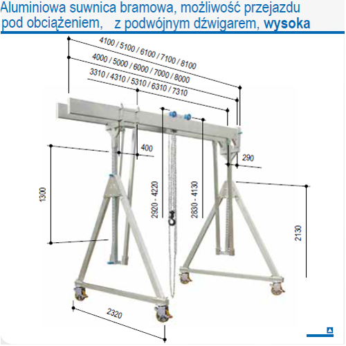 Aluminium gantry crane, relocating with suspended load, capacity 1000 and 1500 kg Aluminium gantry crane, relocating with suspended load, capacity 1000 and 1500 kg