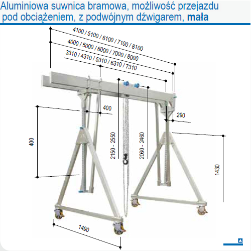 Aluminium gantry crane, relocating with suspended load, capacity 1000 and 1500 kg Aluminium gantry crane, relocating with suspended load, capacity 1000 and 1500 kg
