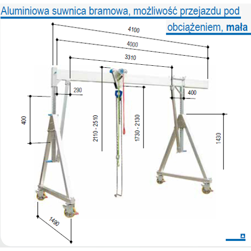 Aluminium gantry crane, relocating with suspended load, capacity 1000 and 1500 kg Aluminium gantry crane, relocating with suspended load, capacity 1000 and 1500 kg