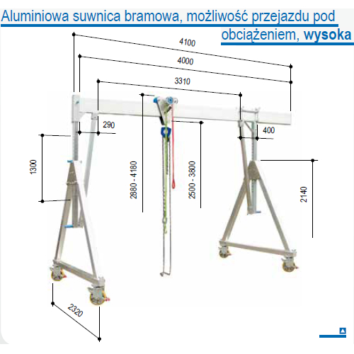 Aluminium gantry crane, relocating with suspended load, capacity 1000 and 1500 kg Aluminium gantry crane, relocating with suspended load, capacity 1000 and 1500 kg