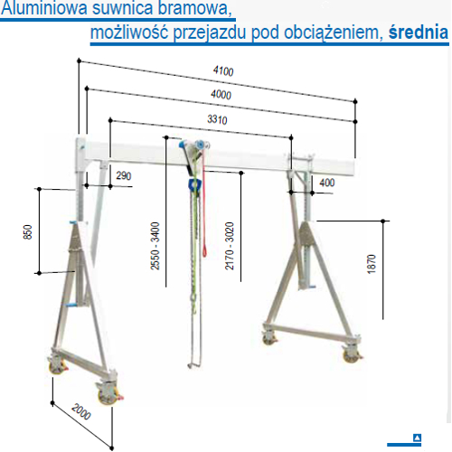 Aluminium gantry crane, relocating with suspended load, capacity 1000 and 1500 kg Aluminium gantry crane, relocating with suspended load, capacity 1000 and 1500 kg